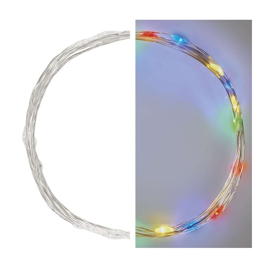 LED string lights, 20 LEDs, 2×AA, 2.4 m, multicolor