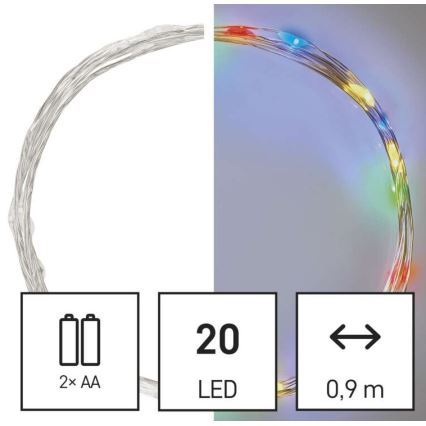 LED string lights, 20 LEDs, 2×AA, 2.4 m, multicolor