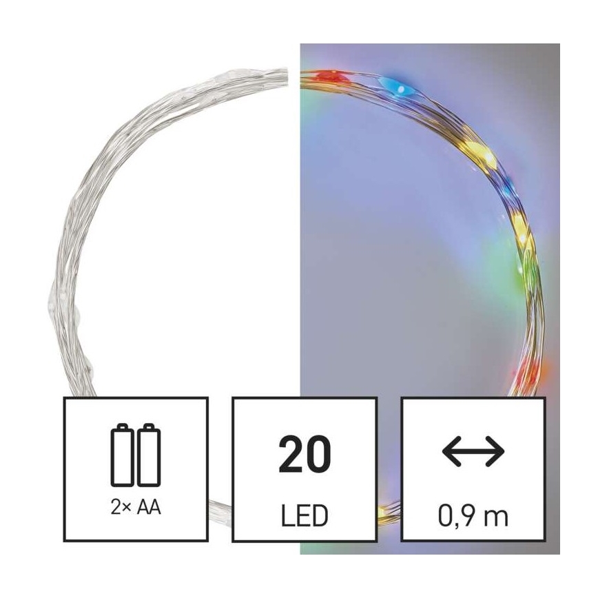 LED string lights, 20 LEDs, 2×AA, 2.4 m, multicolor