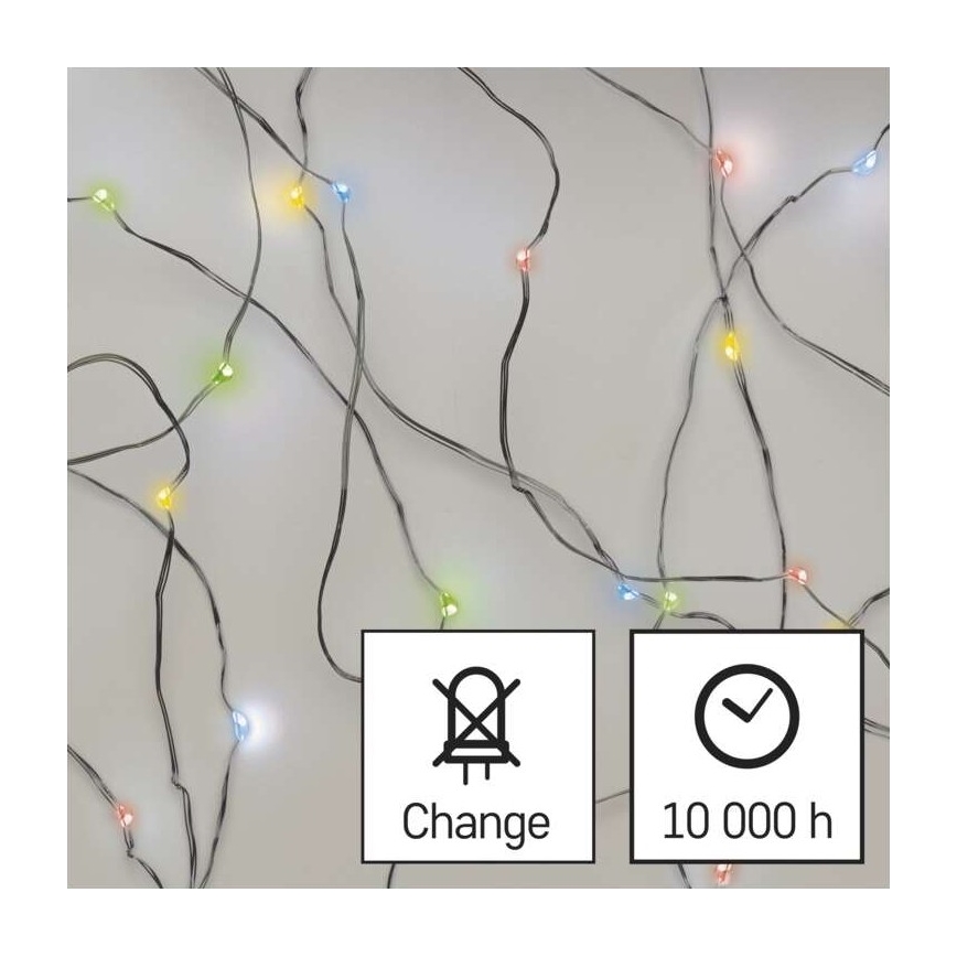 LED string lights, 20 LEDs, 2×AA, 2.4 m, multicolor