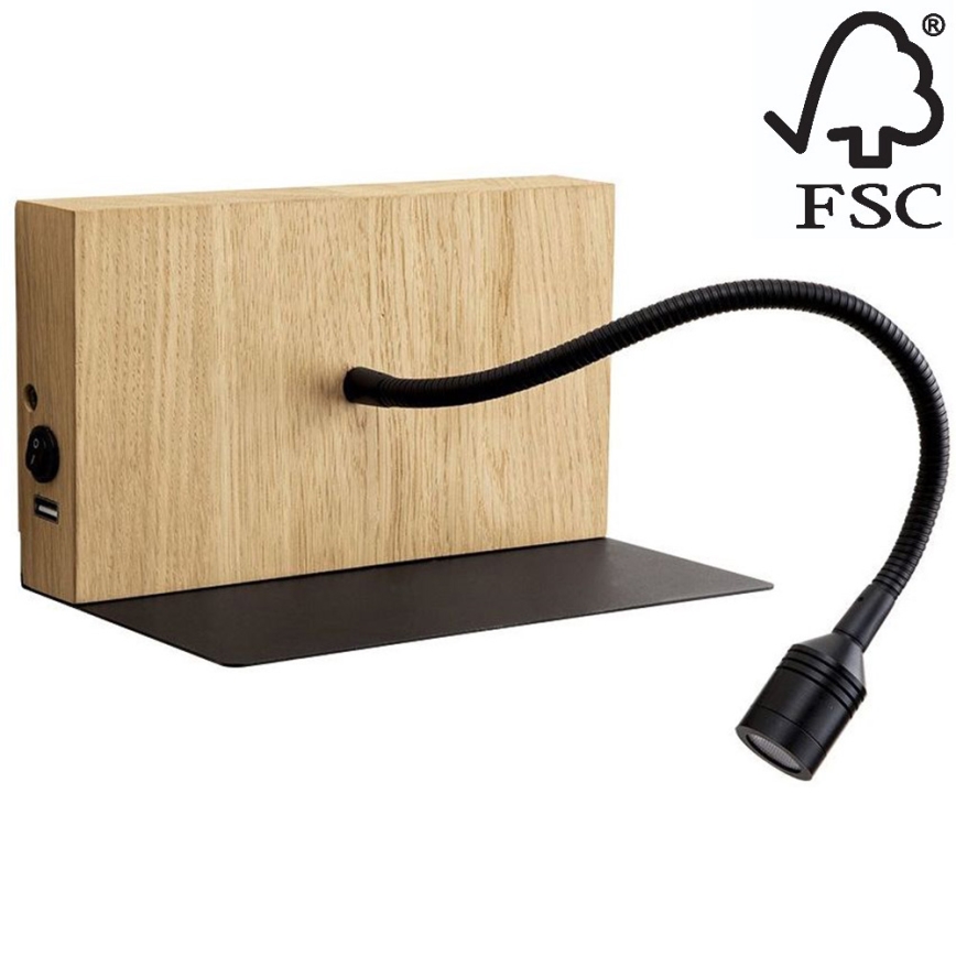 LED Wall light LECTOR LED/2,5W/230V USB oak – FSC certified
