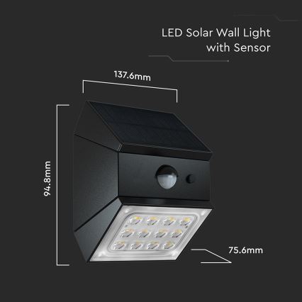 LED Wall-Mounted Solar Light with Sensor LED/2,5W/3,7V 3000/4000/6000K IP65 1200 mAh Black