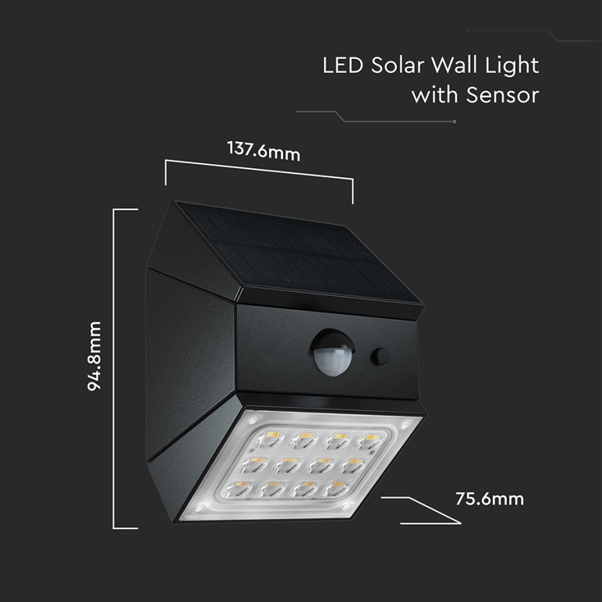 LED Wall-Mounted Solar Light with Sensor LED/2,5W/3,7V 3000/4000/6000K IP65 1200 mAh Black