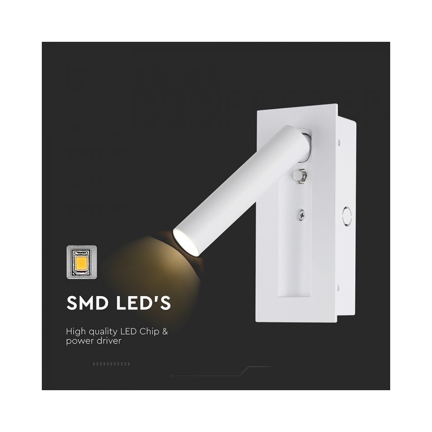 LED Wall-Mounted Spotlight, 2W, 230V, 3000K, White