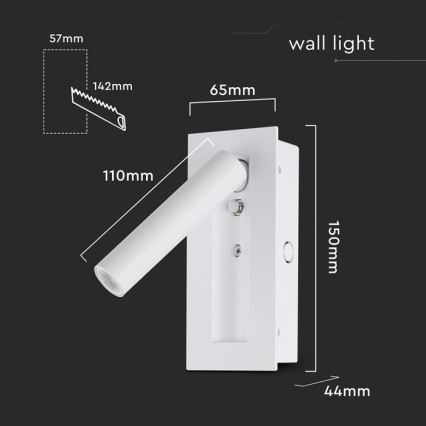 LED Wall-Mounted Spotlight, 2W, 230V, 3000K, White