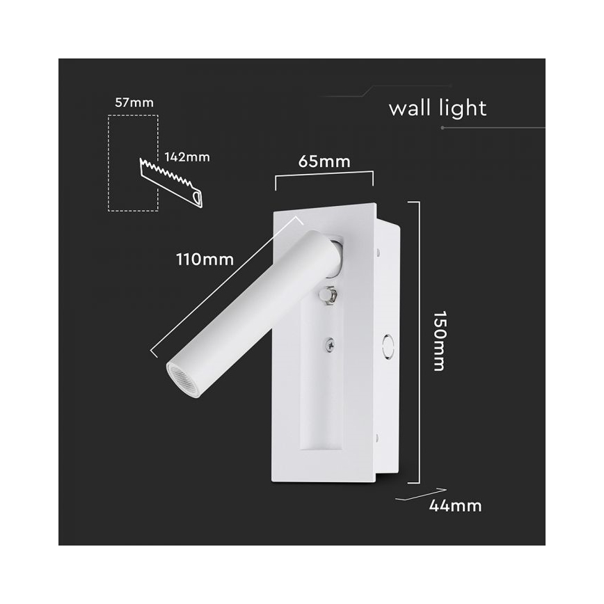 LED Wall-Mounted Spotlight, 2W, 230V, 3000K, White