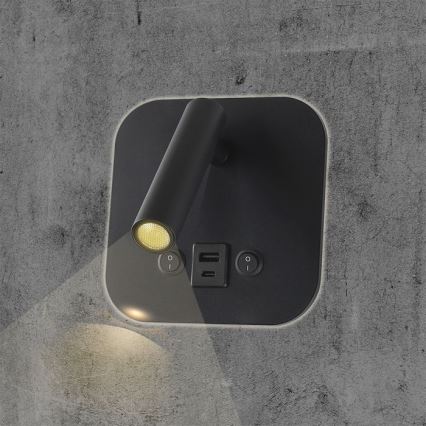 LED Wall-Mounted Spotlight with USB Port LED/8W/230V 3000K Black