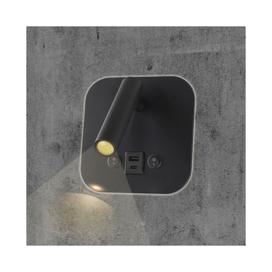 LED Wall-Mounted Spotlight with USB Port LED/8W/230V 3000K Black
