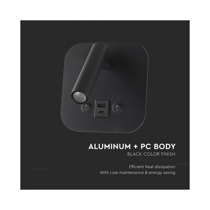 LED Wall-Mounted Spotlight with USB Port LED/8W/230V 3000K Black