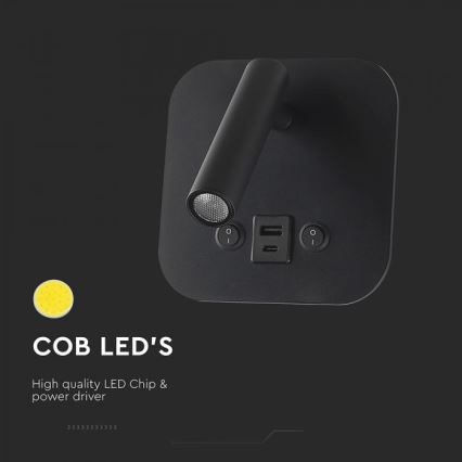 LED Wall-Mounted Spotlight with USB Port LED/8W/230V 3000K Black