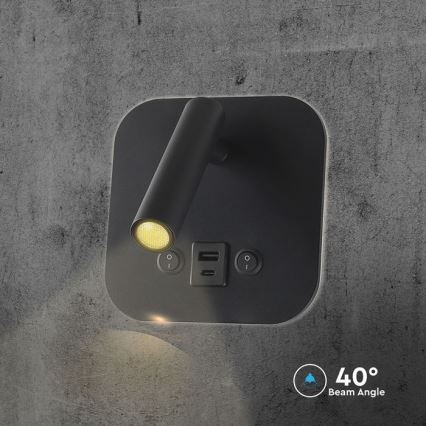 LED Wall-Mounted Spotlight with USB Port LED/8W/230V 3000K Black