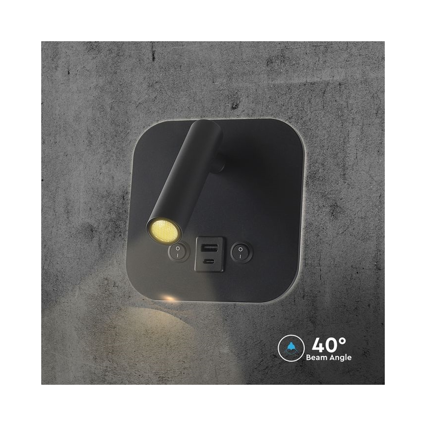 LED Wall-Mounted Spotlight with USB Port LED/8W/230V 3000K Black