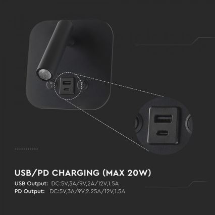 LED Wall-Mounted Spotlight with USB Port LED/8W/230V 3000K Black