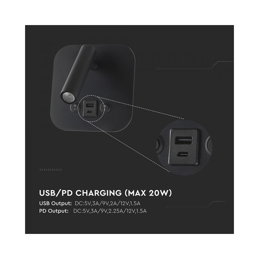 LED Wall-Mounted Spotlight with USB Port LED/8W/230V 3000K Black
