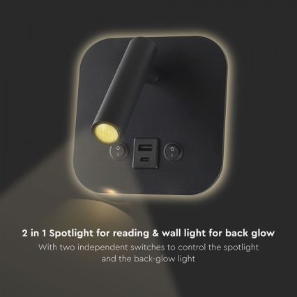 LED Wall-Mounted Spotlight with USB Port LED/8W/230V 3000K Black