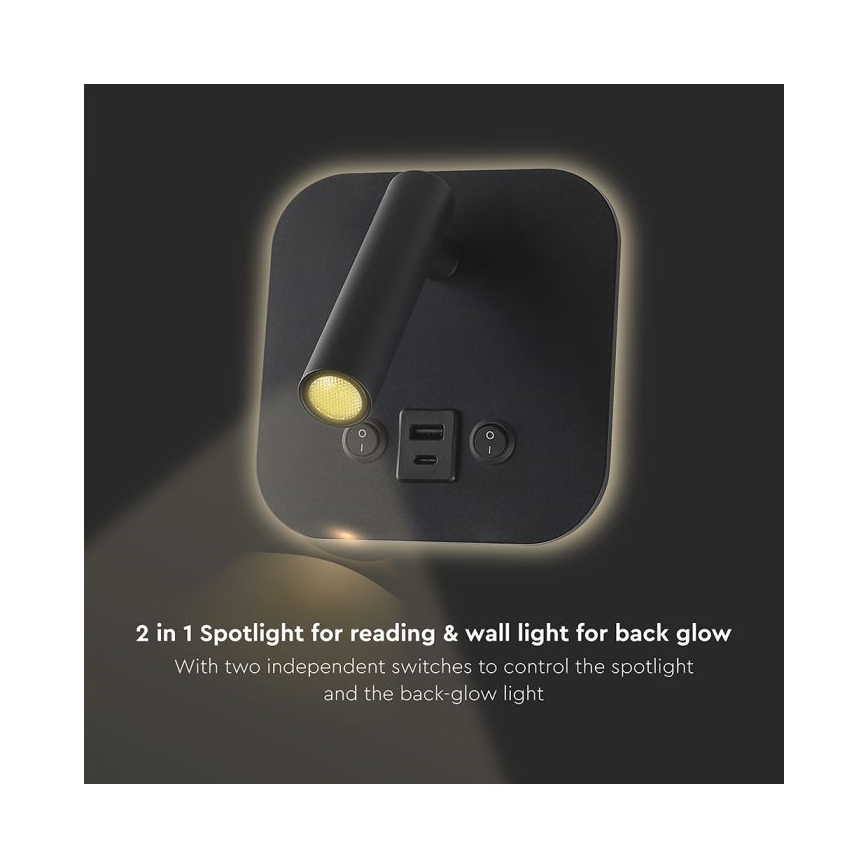 LED Wall-Mounted Spotlight with USB Port LED/8W/230V 3000K Black
