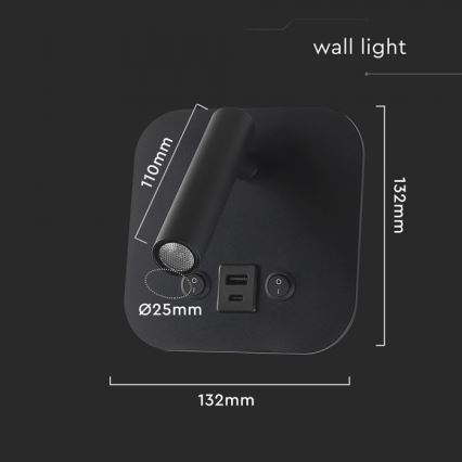 LED Wall-Mounted Spotlight with USB Port LED/8W/230V 3000K Black