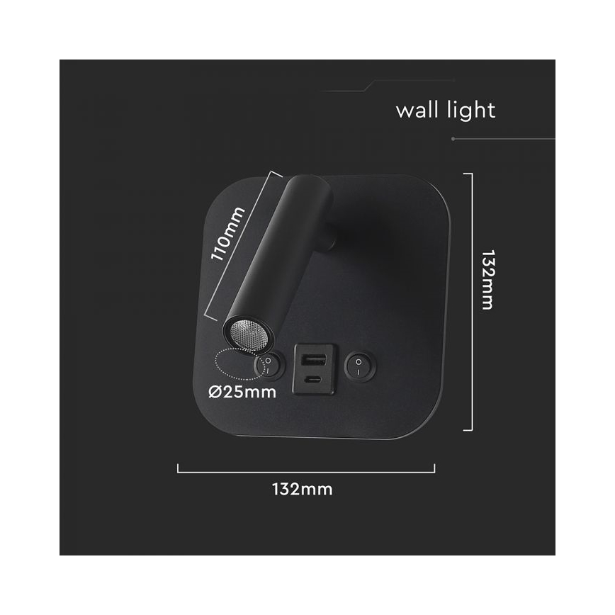 LED Wall-Mounted Spotlight with USB Port LED/8W/230V 3000K Black
