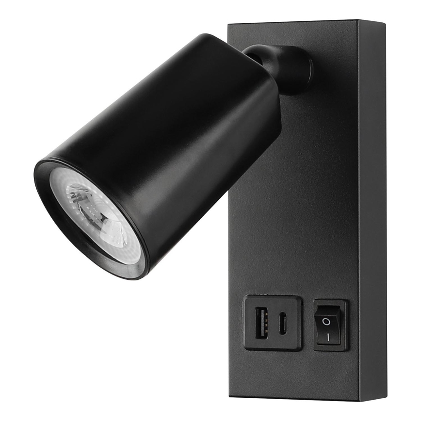 LED Wall Spotlight with USB Charging, LED/5W/230V, Black