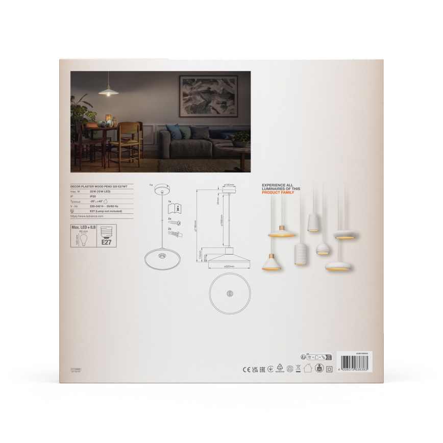 Ledvance - Chandelier on a string DECOR PLASTER 1xE27/25W/230V d. 32 cm plaster white