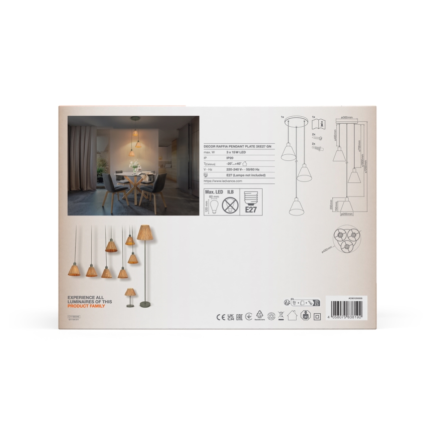 Ledvance - Chandelier on a string DECOR RAFFIA 3xE27/15W/230V raffia bast
