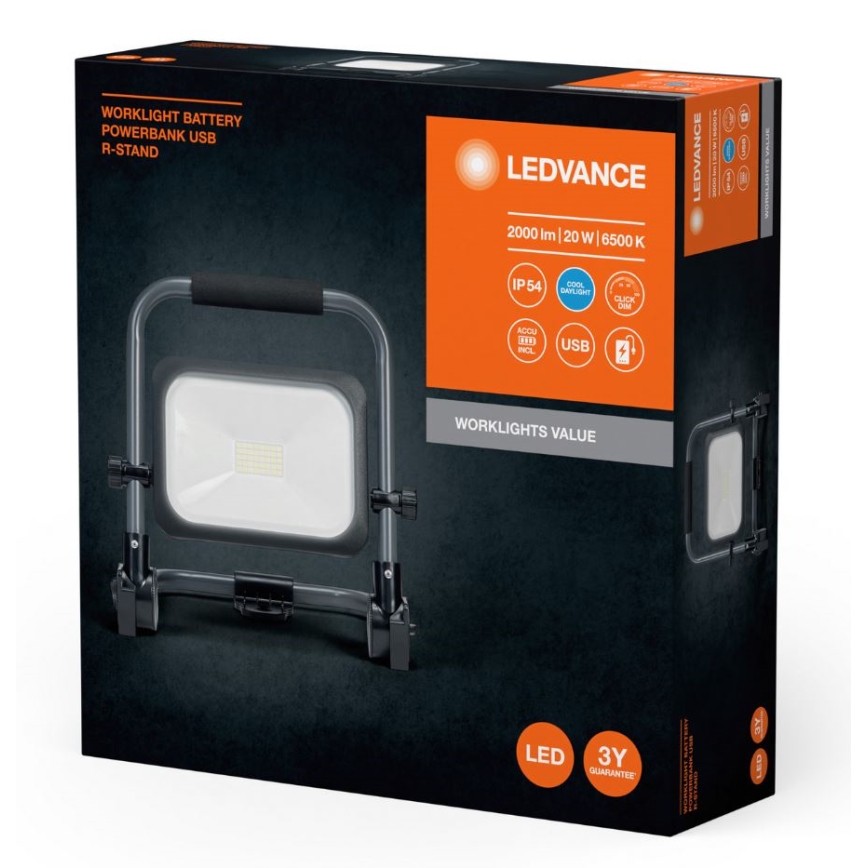 Ledvance - LED Dimmable outdoor rechargeable floodlight WORKLIGHT BATTERY LED/20W/5V 2200 mAh IP54