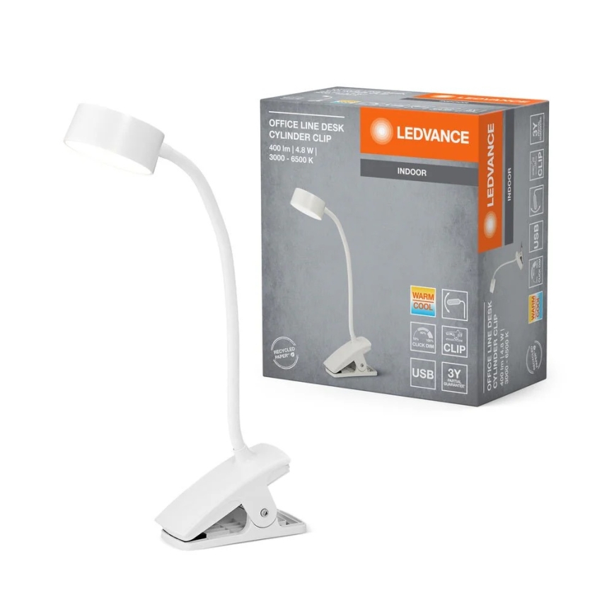 Ledvance - CYLINDER LED Dimmable Touch Clip-On Desk Lamp LED/4.8W/5V 3000-6500K White