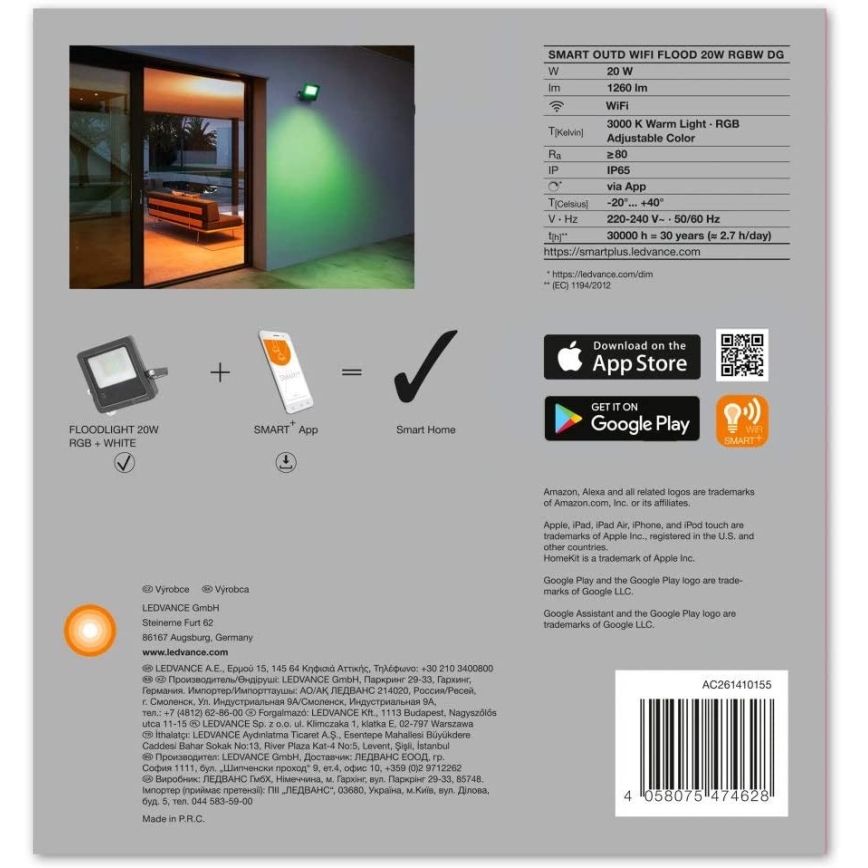 Ledvance - LED RGBW Floodlight SMART+ FLOOD LED/20W/230V IP65 Wi-Fi