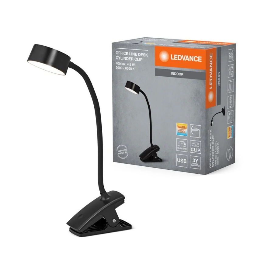 Ledvance - LED Dimmable Touch-Control Desk Lamp with Clip CYLINDER LED/4,8W/5V 3000-6500K black