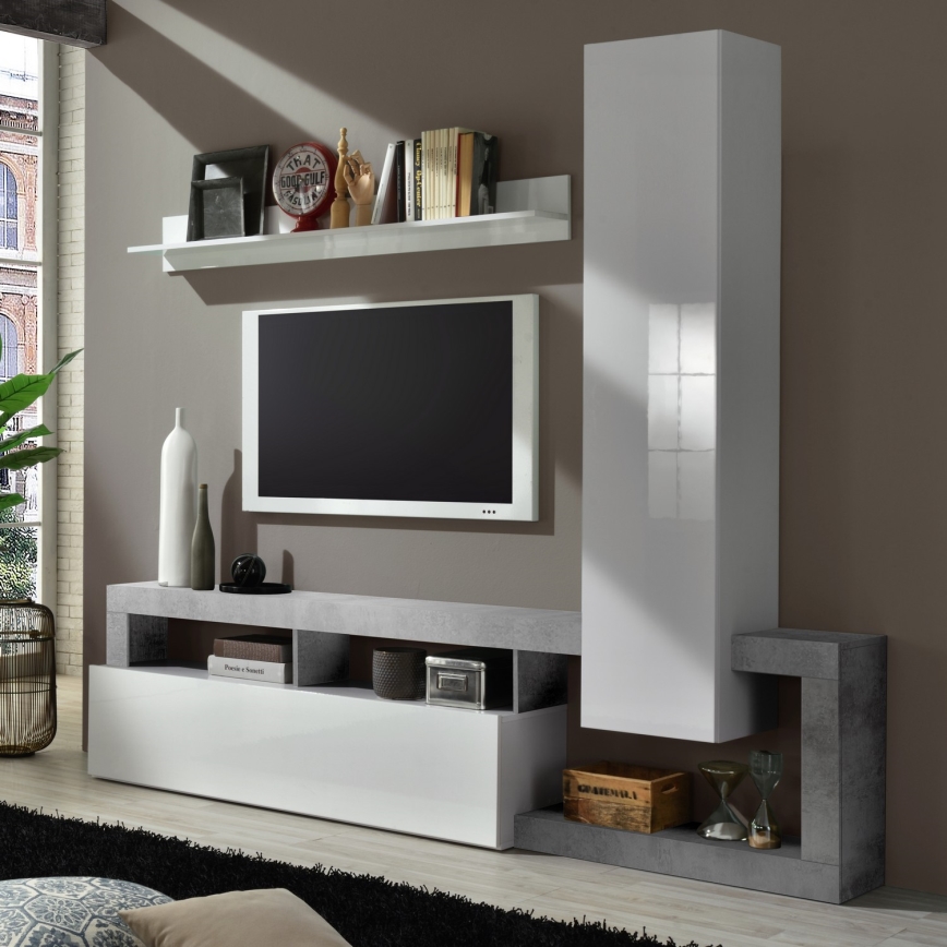 LENOR Living Room Wall Unit White/Concrete Grey