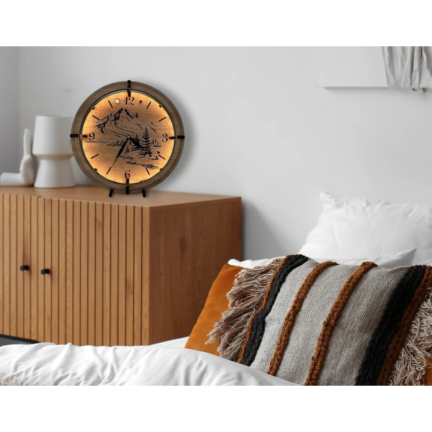 Li-Go 23697/DUB/BAT2 - LED Dimmable Clock with Motion Sensor LED/10W/5V 20000 mAh + 1xAA dia. 32 cm Oak/Mountains