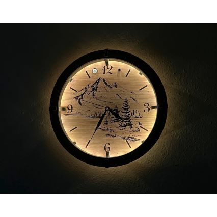Li-Go 23697/DUB/BAT2 - LED Dimmable Clock with Motion Sensor LED/10W/5V 20000 mAh + 1xAA dia. 32 cm Oak/Mountains