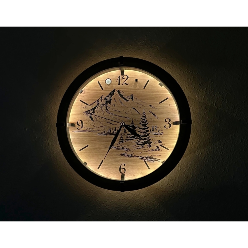 Li-Go 23697/DUB/BAT2 - LED Dimmable Clock with Motion Sensor LED/10W/5V 20000 mAh + 1xAA dia. 32 cm Oak/Mountains