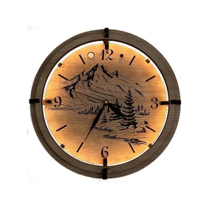 Li-Go 23697/DUB/BAT2 - LED Dimmable Clock with Motion Sensor LED/10W/5V 20000 mAh + 1xAA dia. 32 cm Oak/Mountains