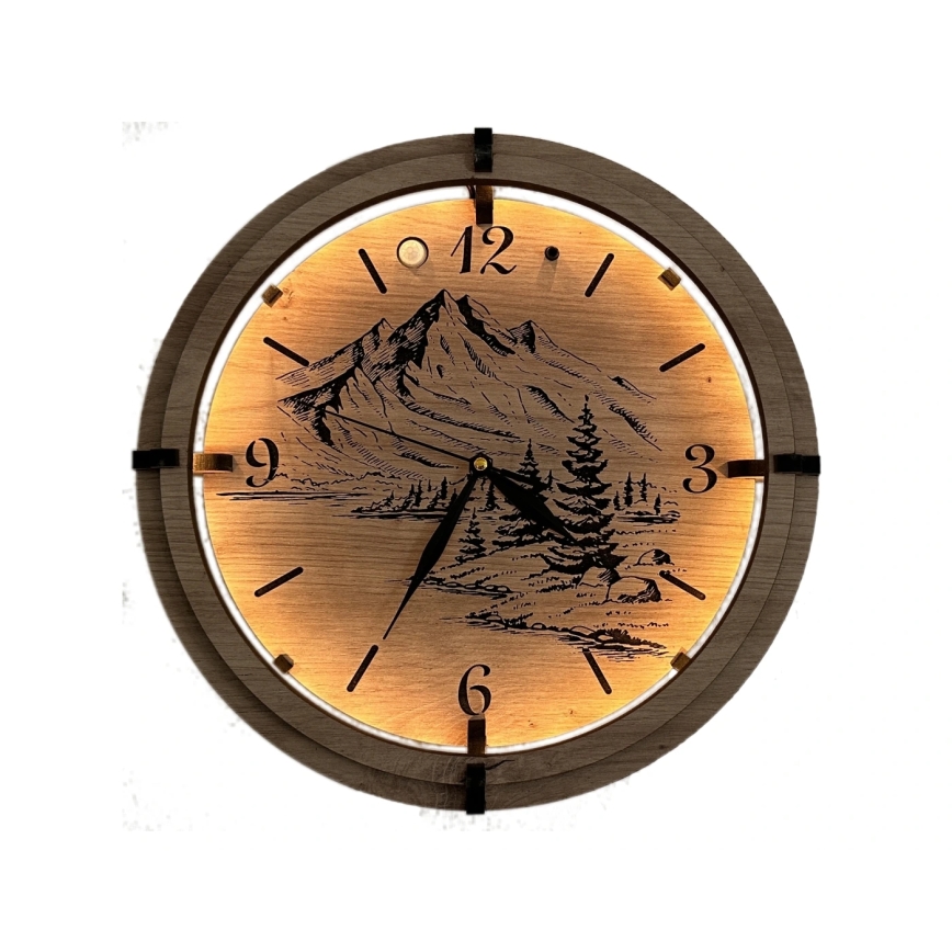 Li-Go 23697/DUB/BAT2 - LED Dimmable Clock with Motion Sensor LED/10W/5V 20000 mAh + 1xAA dia. 32 cm Oak/Mountains