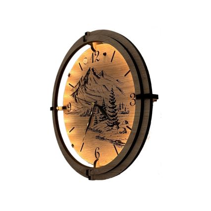 Li-Go 23697/DUB/BAT2 - LED Dimmable Clock with Motion Sensor LED/10W/5V 20000 mAh + 1xAA dia. 32 cm Oak/Mountains