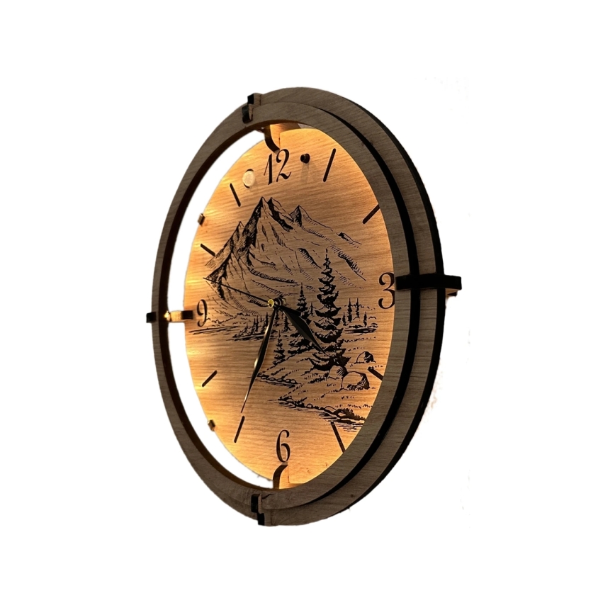 Li-Go 23697/DUB/BAT2 - LED Dimmable Clock with Motion Sensor LED/10W/5V 20000 mAh + 1xAA dia. 32 cm Oak/Mountains