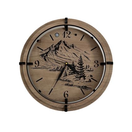Li-Go 23697/DUB/BAT2 - LED Dimmable Clock with Motion Sensor LED/10W/5V 20000 mAh + 1xAA dia. 32 cm Oak/Mountains