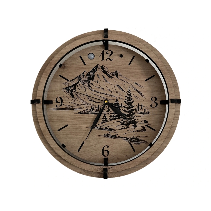 Li-Go 23697/DUB/BAT2 - LED Dimmable Clock with Motion Sensor LED/10W/5V 20000 mAh + 1xAA dia. 32 cm Oak/Mountains