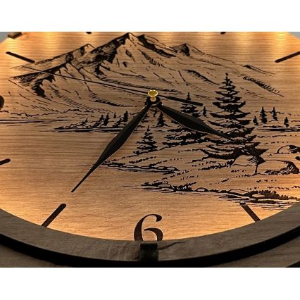 Li-Go 23697/DUB/BAT2 - LED Dimmable Clock with Motion Sensor LED/10W/5V 20000 mAh + 1xAA dia. 32 cm Oak/Mountains