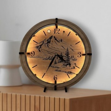 Li-Go 23697/DUB/BAT2 - LED Dimmable Clock with Motion Sensor LED/10W/5V 20000 mAh + 1xAA dia. 32 cm Oak/Mountains