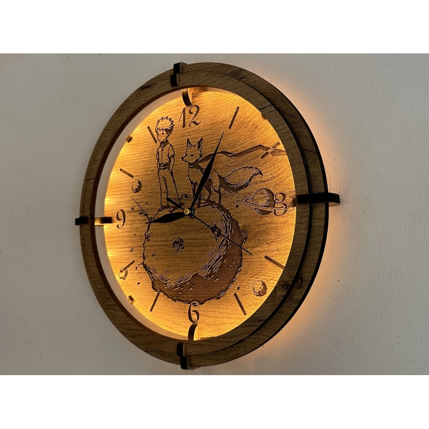 Li-Go 23712/OAK/BAT2 - LED Dimmable Clock with Motion Sensor LED/10W/5V 20000 mAh + 1xAA Ø 32 cm oak/The Little Prince