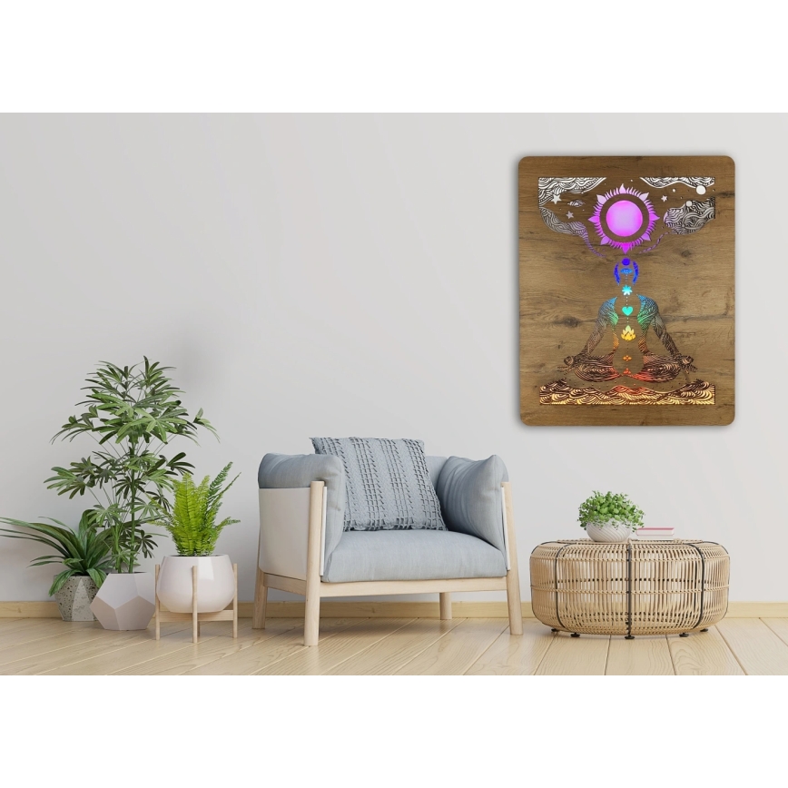 Li-Go 4421/A/4 - Dimmable LED Wall Decoration LED/10W/5V 30000 mAh 70x90 cm Oak/Chakras