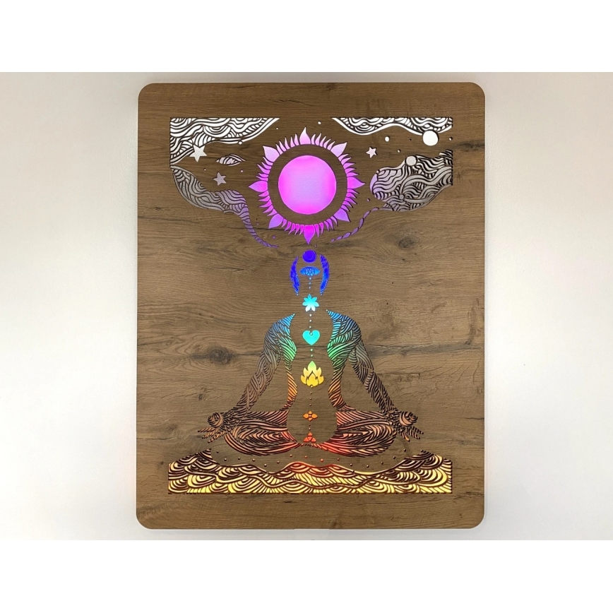 Li-Go 4421/A/4 - Dimmable LED Wall Decoration LED/10W/5V 30000 mAh 70x90 cm Oak/Chakras