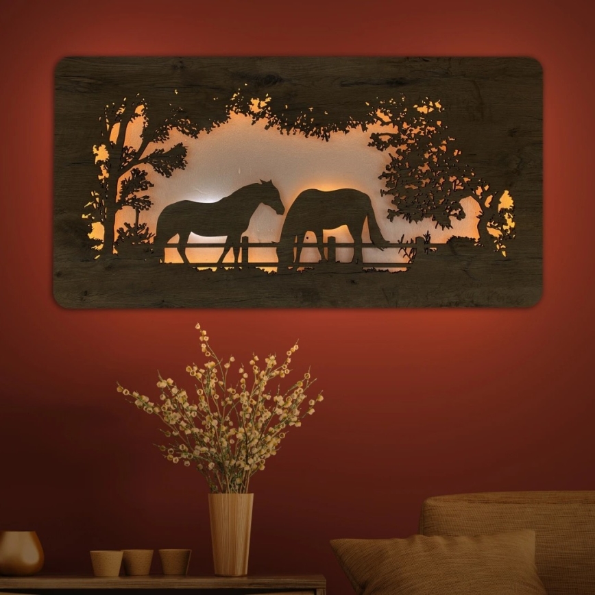 Li-Go 5012/B/4 - Dimmable LED Wall Decoration LED/10W/5V 30000 mAh 120x60 cm oak/Horses + remote control