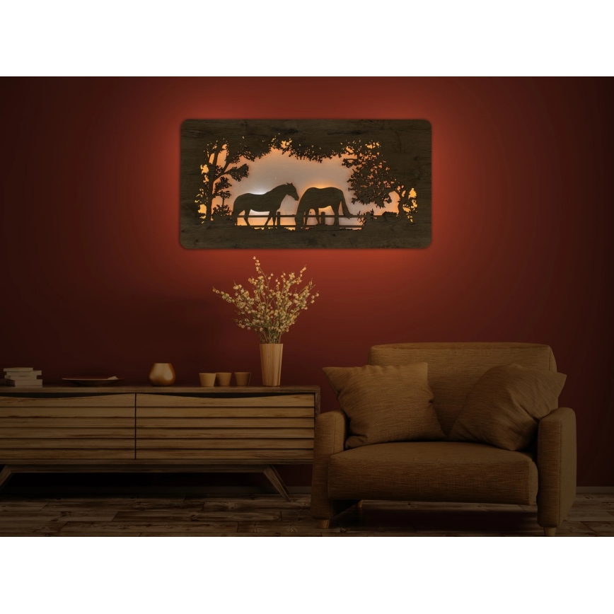 Li-Go 5012/B/4 - Dimmable LED Wall Decoration LED/10W/5V 30000 mAh 120x60 cm oak/Horses + remote control