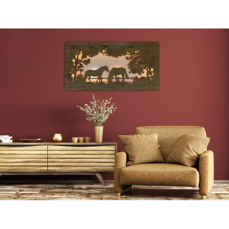 Li-Go 5012/B/4 - Dimmable LED Wall Decoration LED/10W/5V 30000 mAh 120x60 cm oak/Horses + remote control