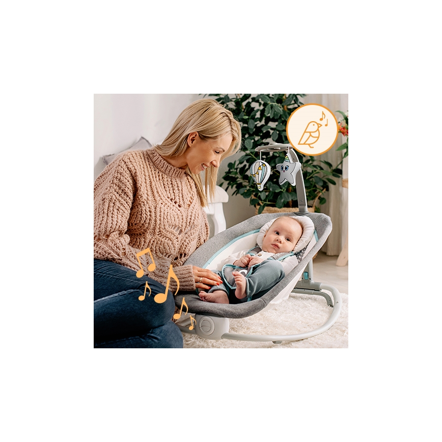 Lionelo - PASCAL Baby Vibrating Rocker with Melody, 2xAA, Grey/Turquoise