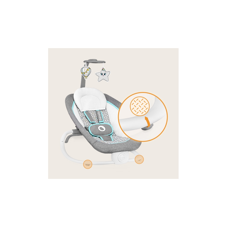 Lionelo - PASCAL Baby Vibrating Rocker with Melody, 2xAA, Grey/Turquoise