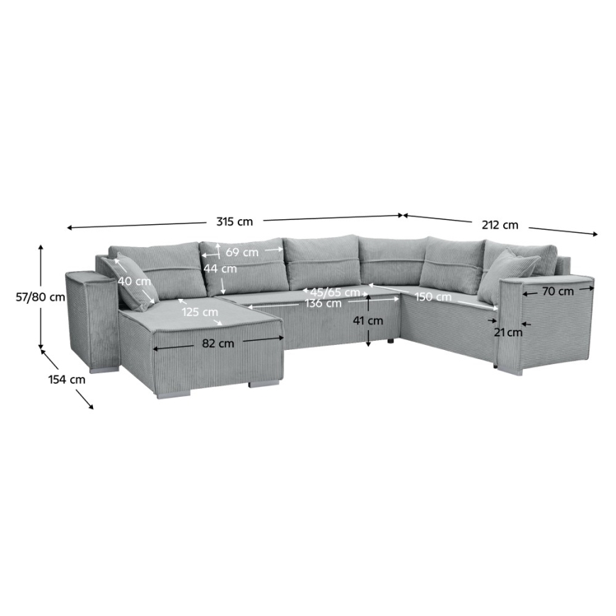 LONDON Universal Reversible U-Shaped Corner Sofa Bed, Grey